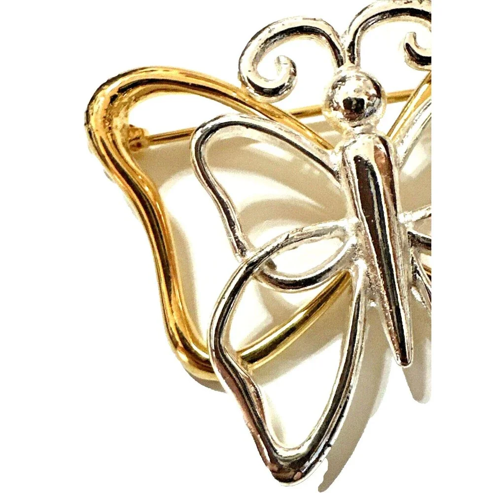 Vintage Two-Tone Butterfly Brooch Gold & Silver Tone Modernist Openwork Pin 1.5